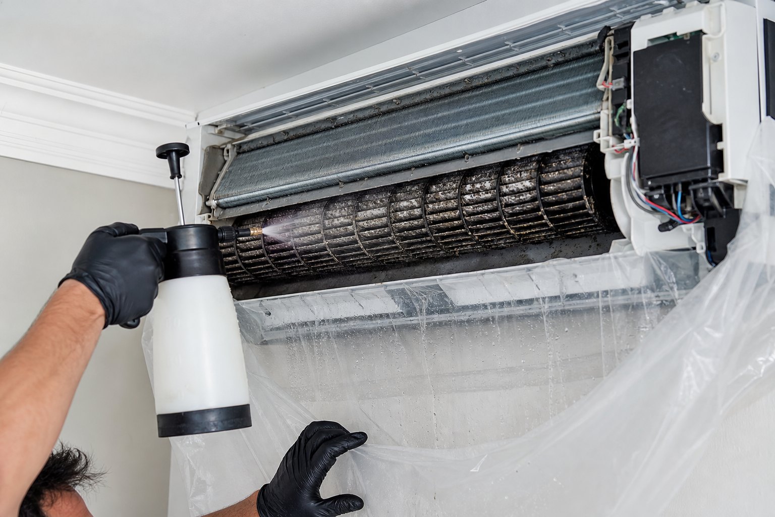 Dirty indoor heat pump fan wheel being cleaned with a low-pressure sprayer and cleaning bib